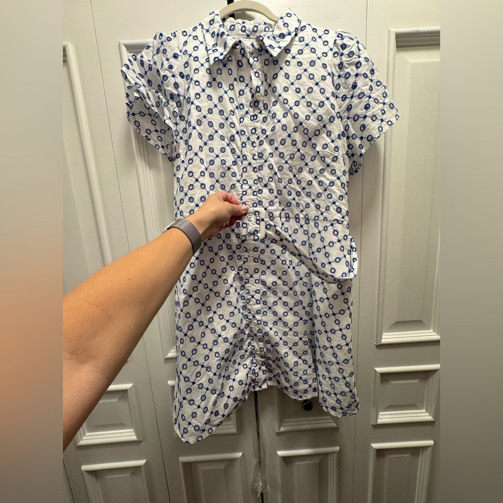 Alexis White and Blue Geometric Shirt Dress